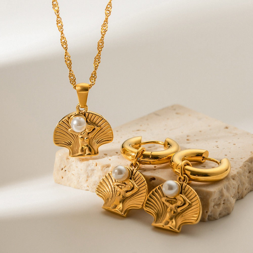 18K Guld Skaldjur Inlagt Med Pärla Strandstil Örhängen och Halsband Set