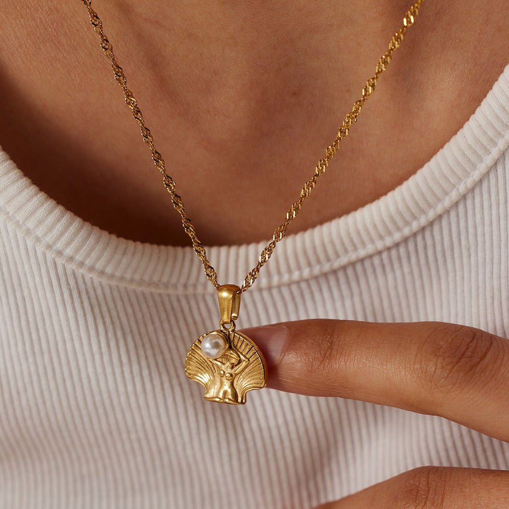 18K Guld Skaldjur Inlagt Med Pärla Strandstil Örhängen och Halsband Set