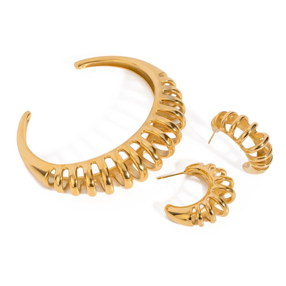 18K Guld C-formad Hålig Design Armband och Örhängen Set