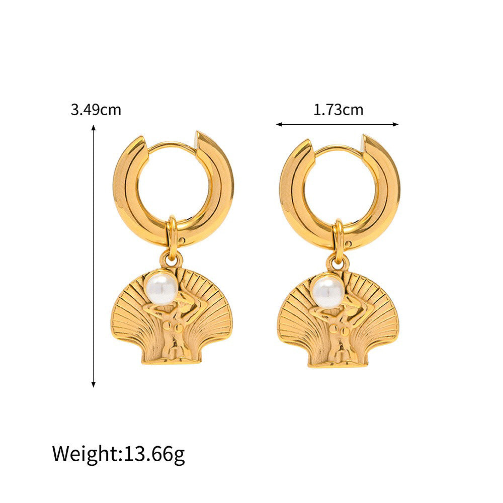 18K Guld Skaldjur Inlagt Med Pärla Strandstil Örhängen och Halsband Set
