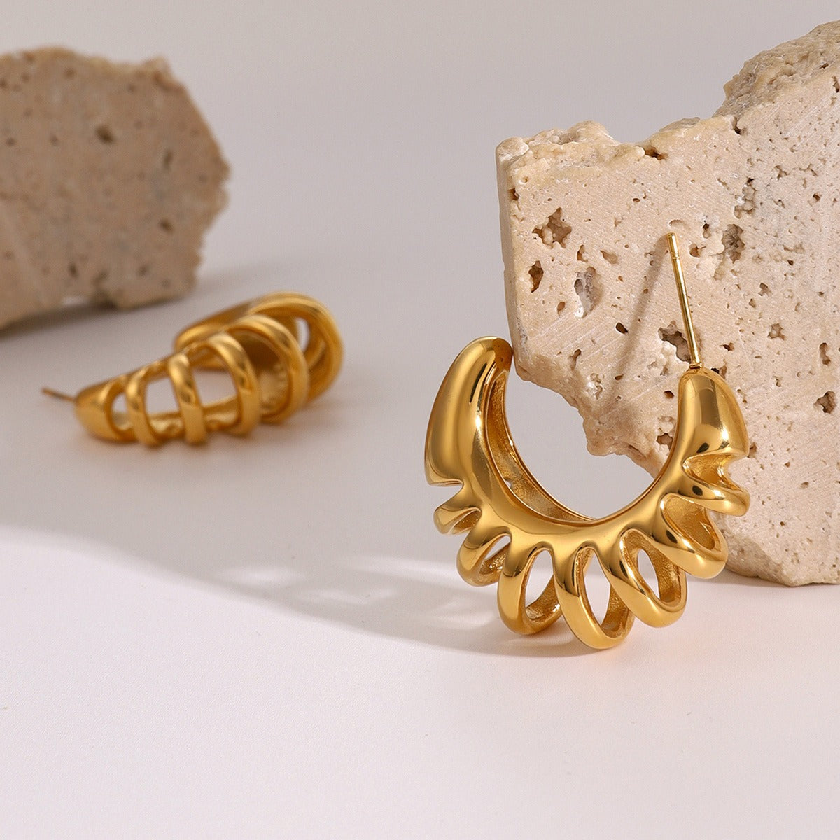 18K Guld C-formad Hålig Design Armband och Örhängen Set