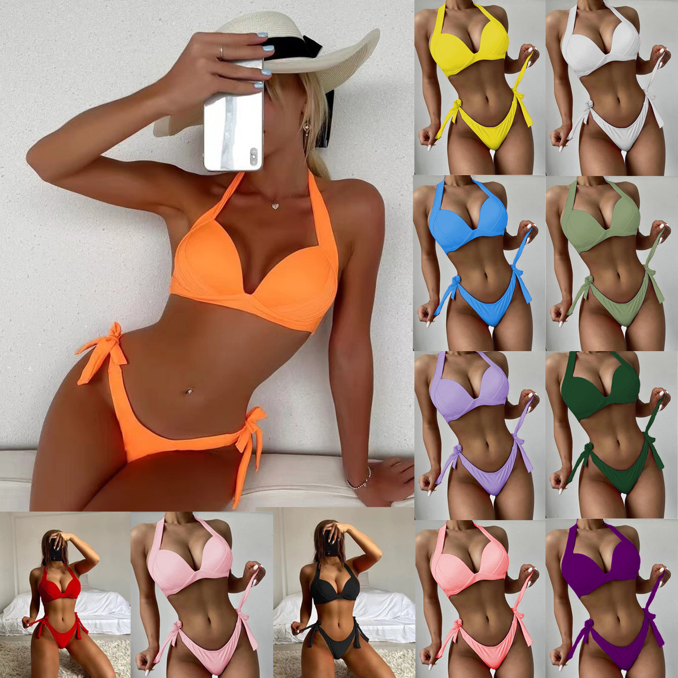 Enfärgad Halsbikini med Band, Delad Design